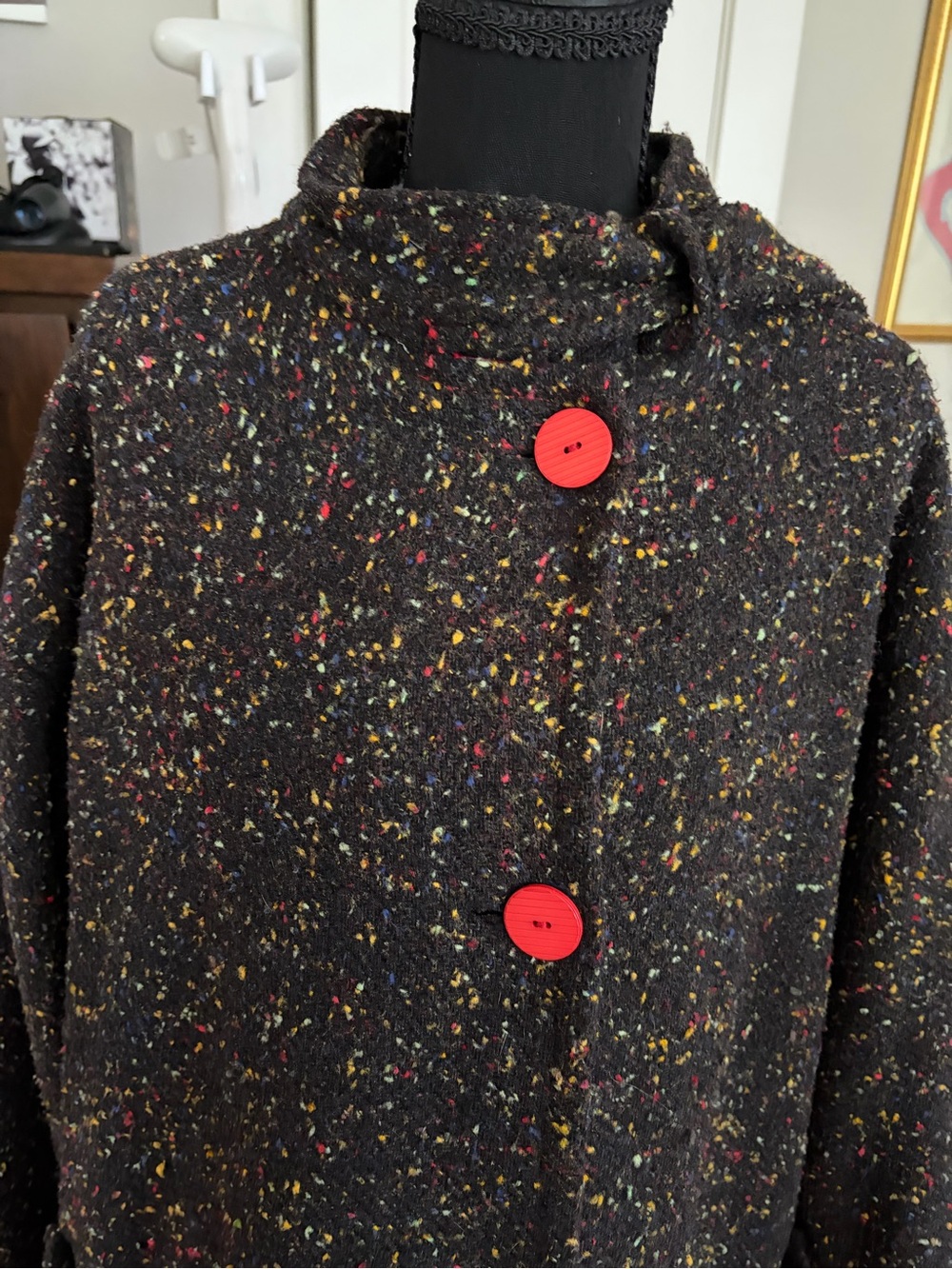 Women’s Black Tweed Button-Front Coat with Red Accents